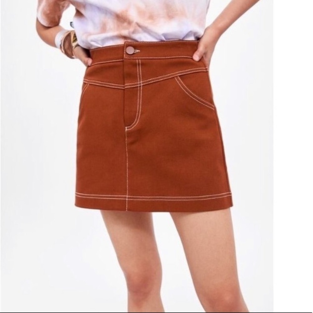 New ZARA Brown SEAMED MINI SKIRT Size L